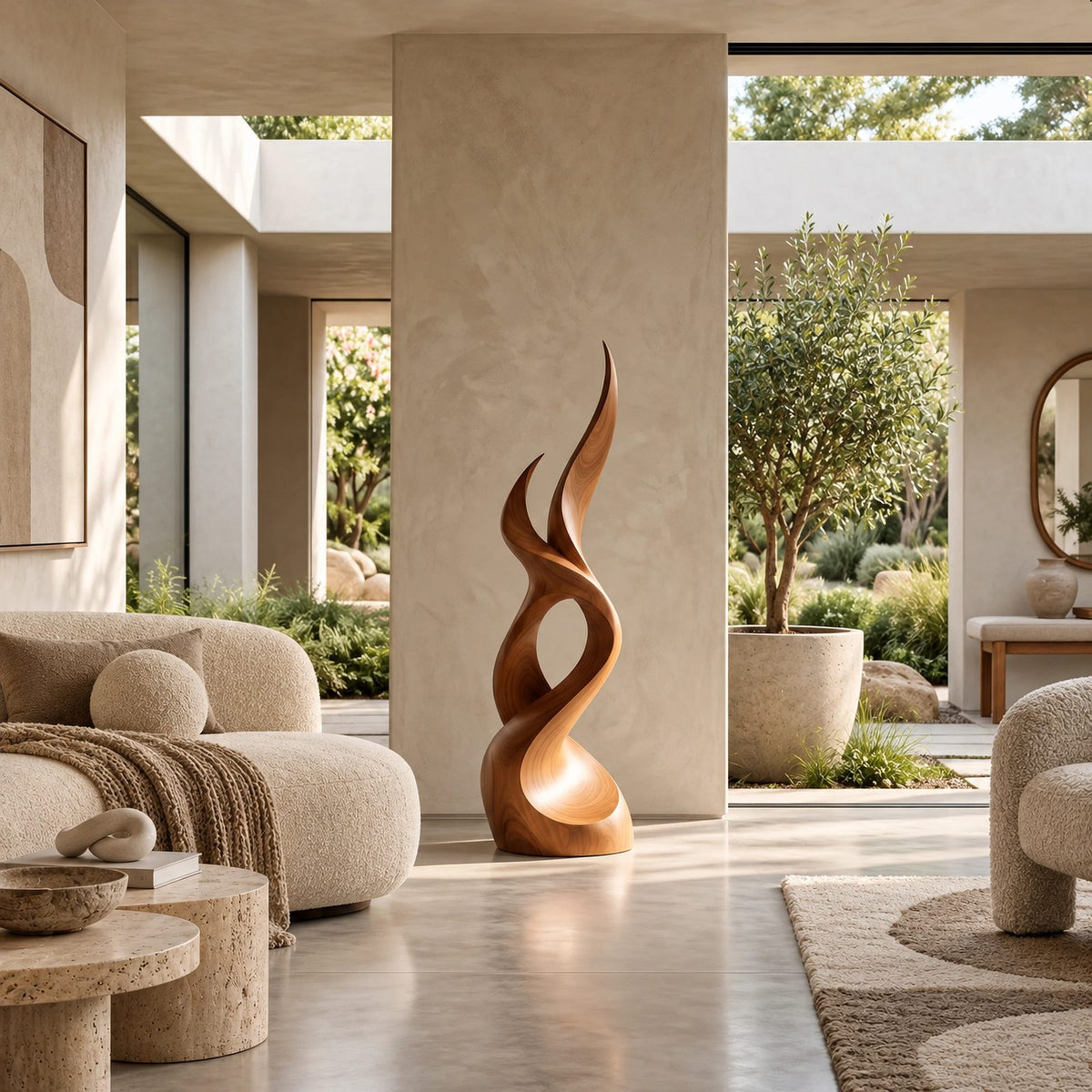 Scandinavian Wood Sculpture With Tall Flame Twist For Bedroom