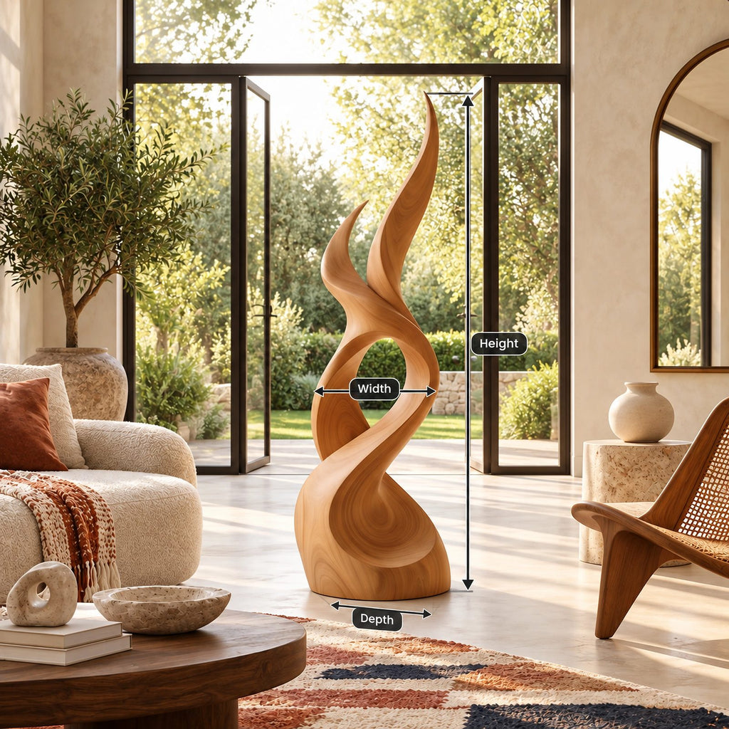 Scandinavian Wood Sculpture With Tall Flame Twist For Bedroom