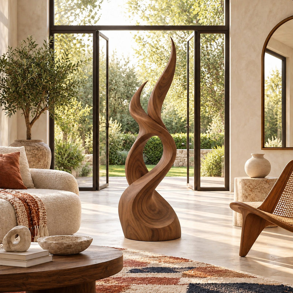 Scandinavian Wood Sculpture With Tall Flame Twist For Bedroom