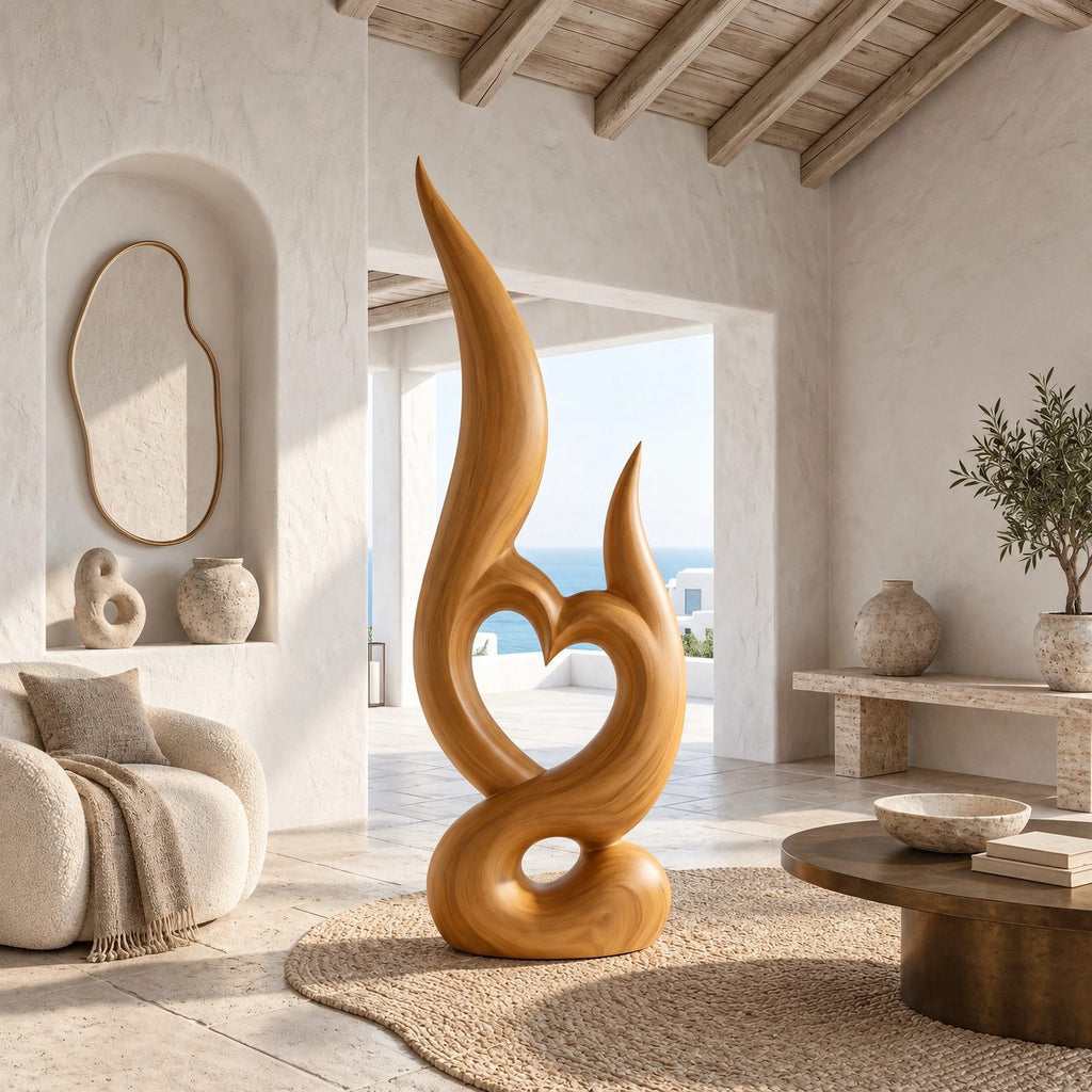 Mid Century Wood Sculpture With Carved Heart Flame For Living Room