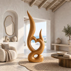 Mid Century Wood Sculpture With Carved Heart Flame For Living Room