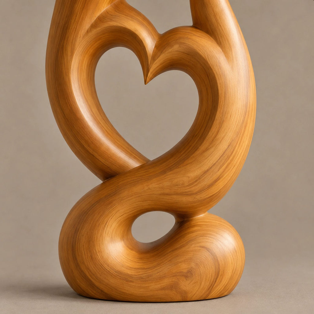 Mid Century Wood Sculpture With Carved Heart Flame For Living Room