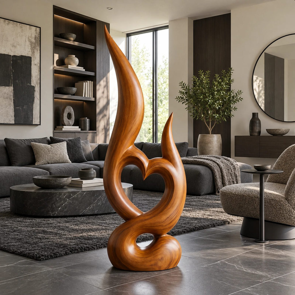 Mid Century Wood Sculpture With Carved Heart Flame For Living Room