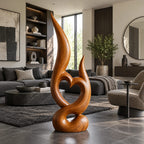 Mid Century Wood Sculpture With Carved Heart Flame For Living Room