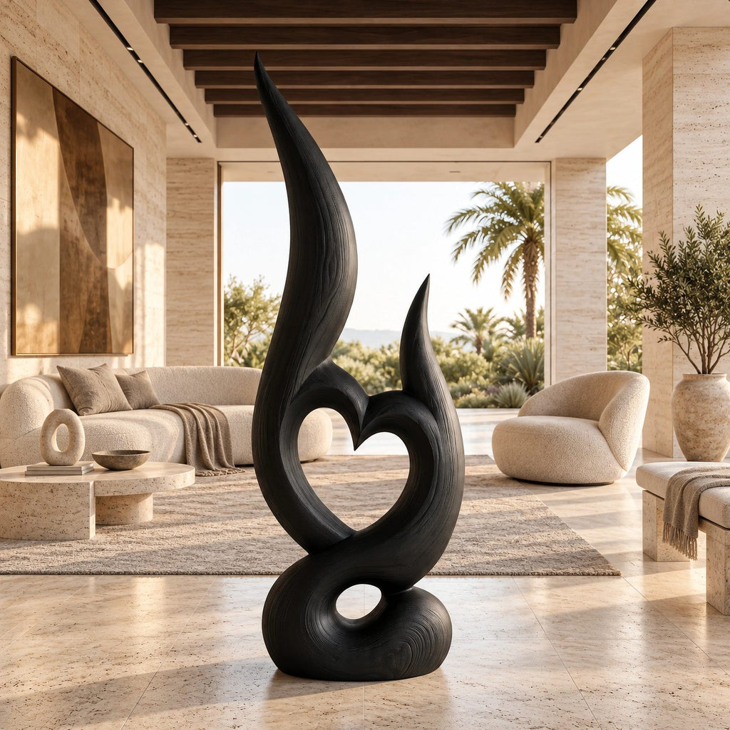 Mid Century Wood Sculpture With Carved Heart Flame For Living Room