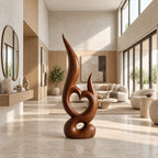 Mid Century Wood Sculpture With Carved Heart Flame For Living Room