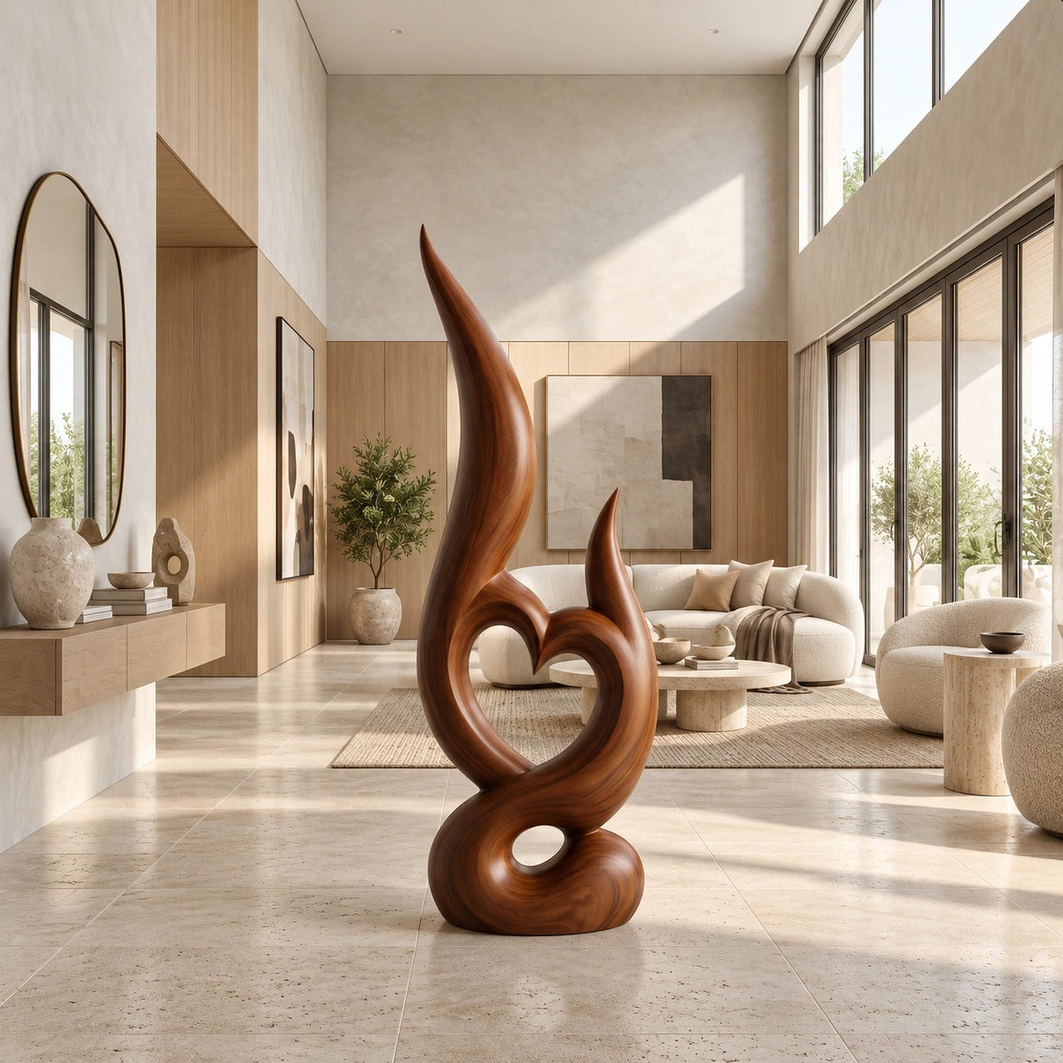 Mid Century Wood Sculpture With Carved Heart Flame For Living Room
