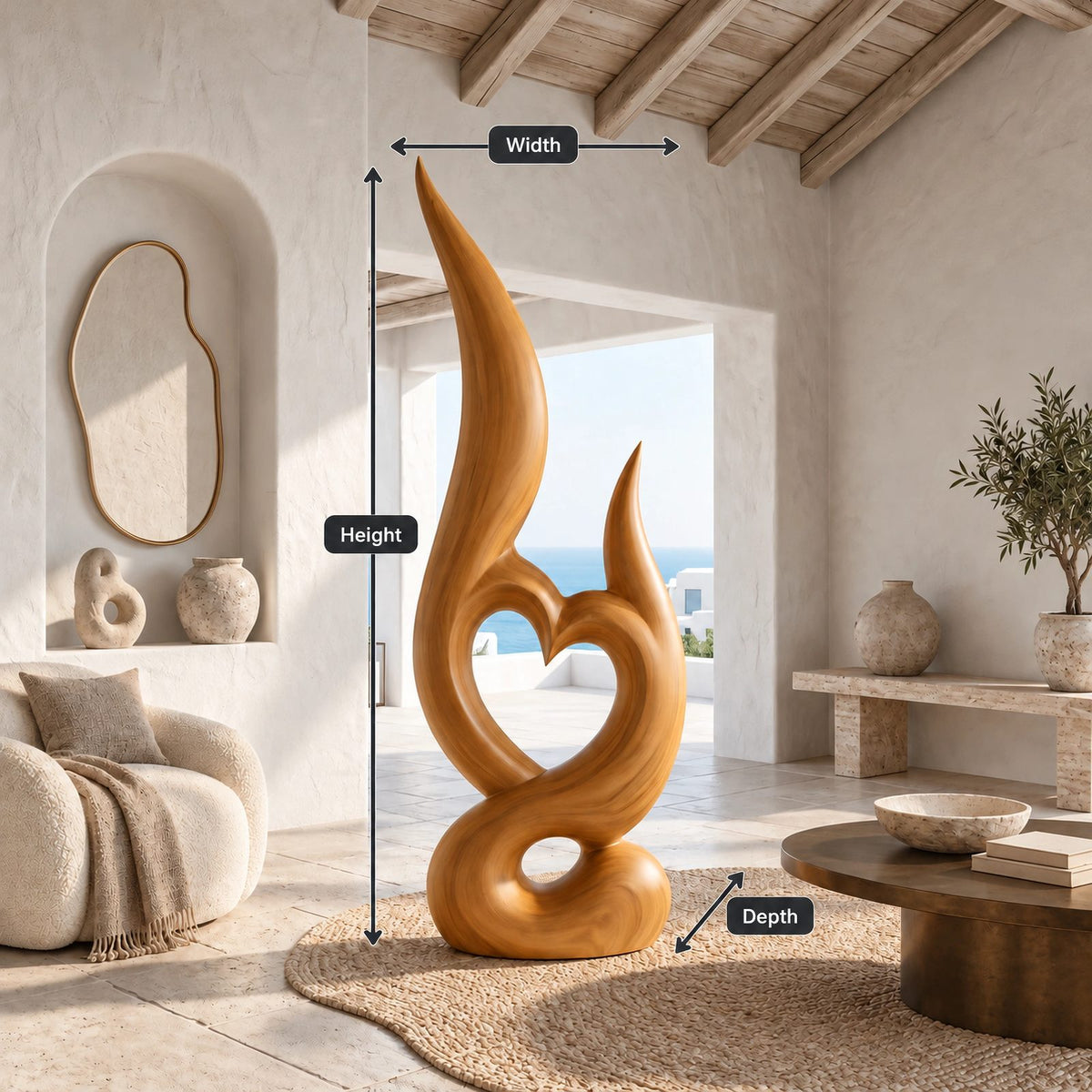 Mid Century Wood Sculpture With Carved Heart Flame For Living Room