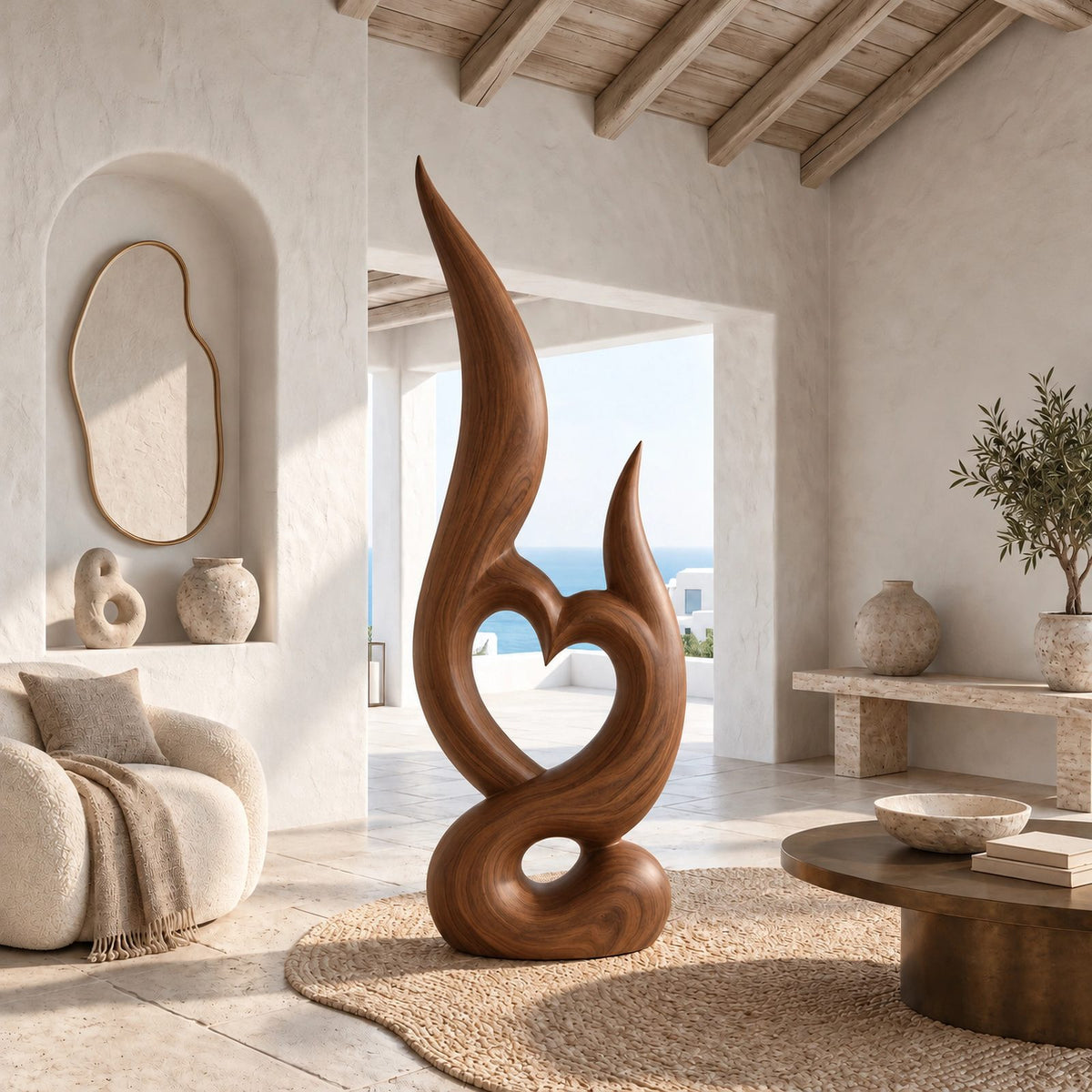 Mid Century Wood Sculpture With Carved Heart Flame For Living Room