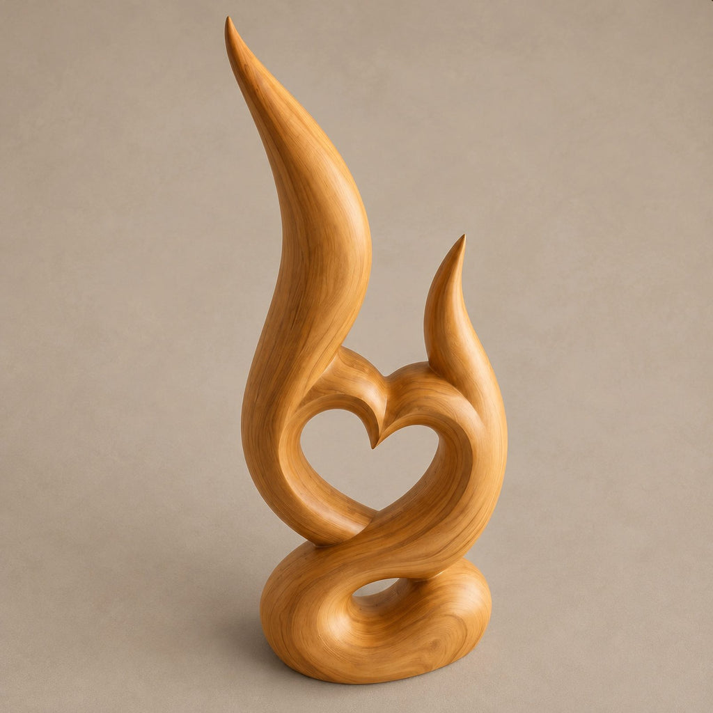 Mid Century Wood Sculpture With Carved Heart Flame For Living Room