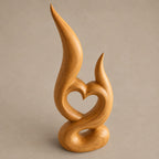 Mid Century Wood Sculpture With Carved Heart Flame For Living Room