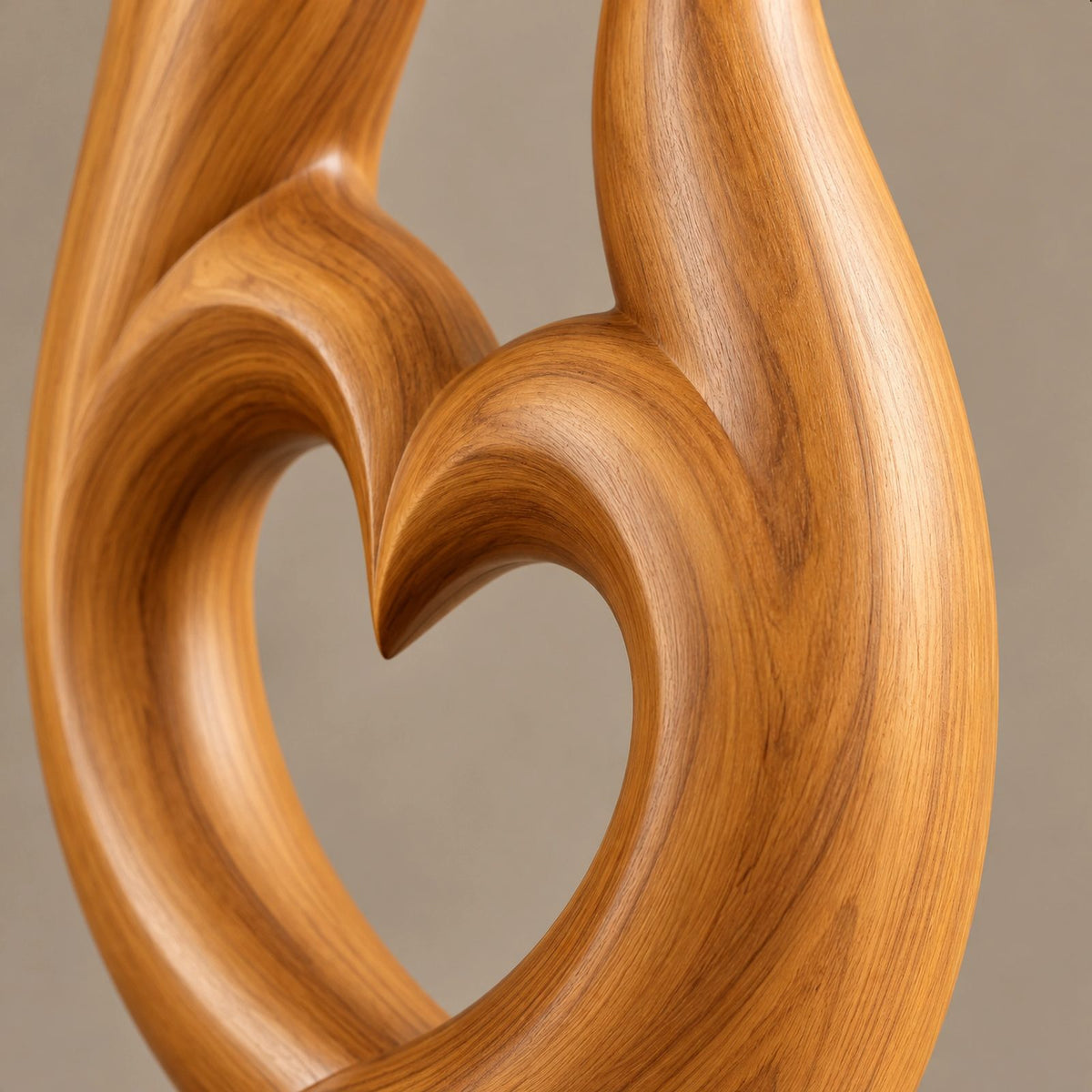 Mid Century Wood Sculpture With Carved Heart Flame For Living Room