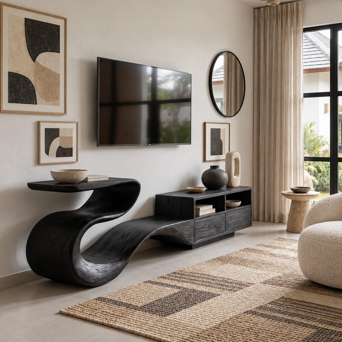 Modern Sculptural TV Stand With Open Compartments For Living Room