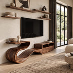 Modern Sculptural TV Stand With Open Compartments For Living Room