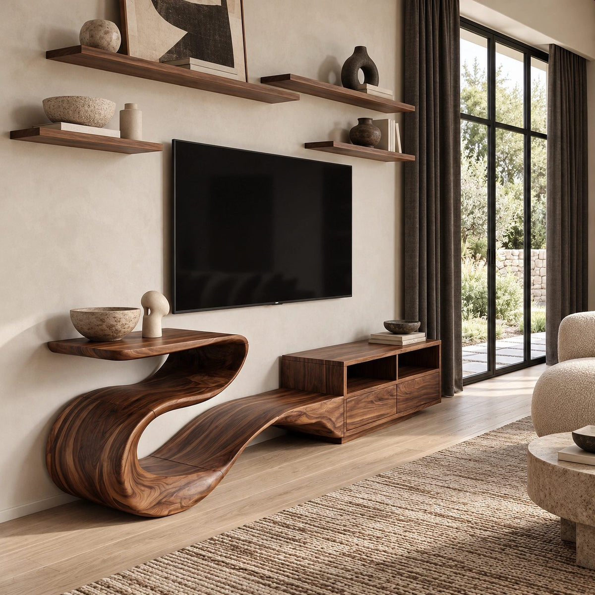 Modern Sculptural TV Stand With Open Compartments For Living Room