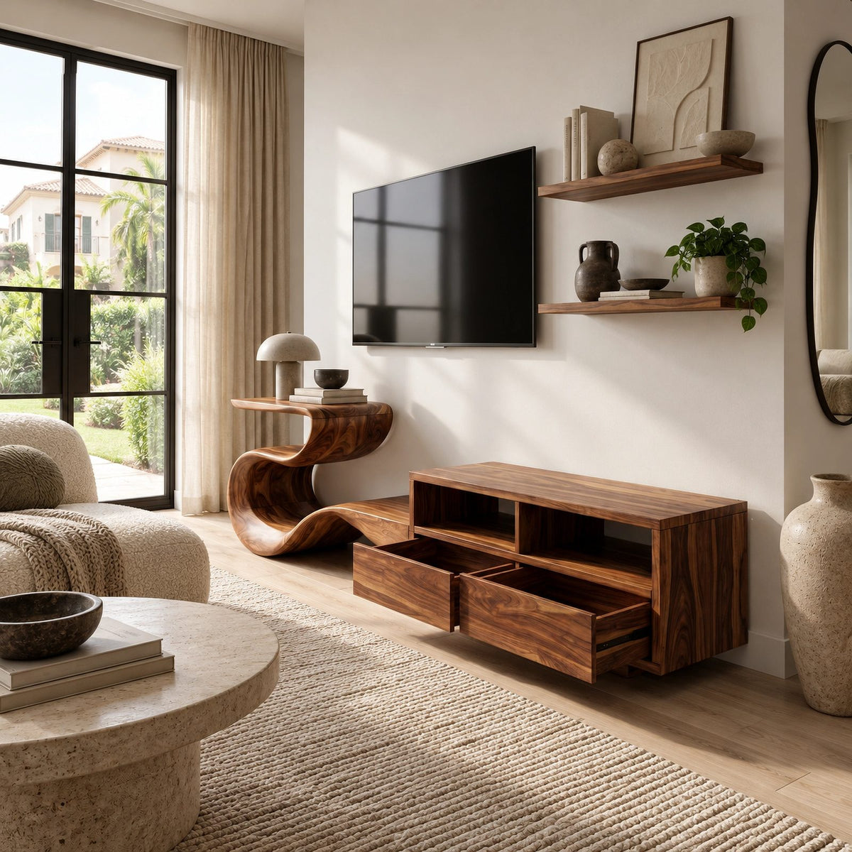 Modern Sculptural TV Stand With Open Compartments For Living Room