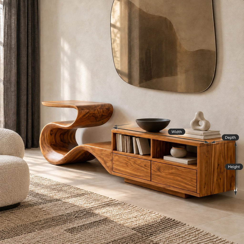 Modern Sculptural TV Stand With Open Compartments For Living Room