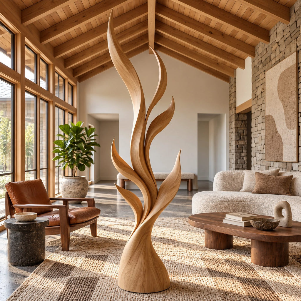 Contemporary Tall Wood Sculpture With Fanned Flame Blades For Entryway