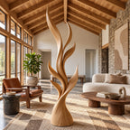 Contemporary Tall Wood Sculpture With Fanned Flame Blades For Entryway