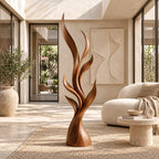 Contemporary Tall Wood Sculpture With Fanned Flame Blades For Entryway
