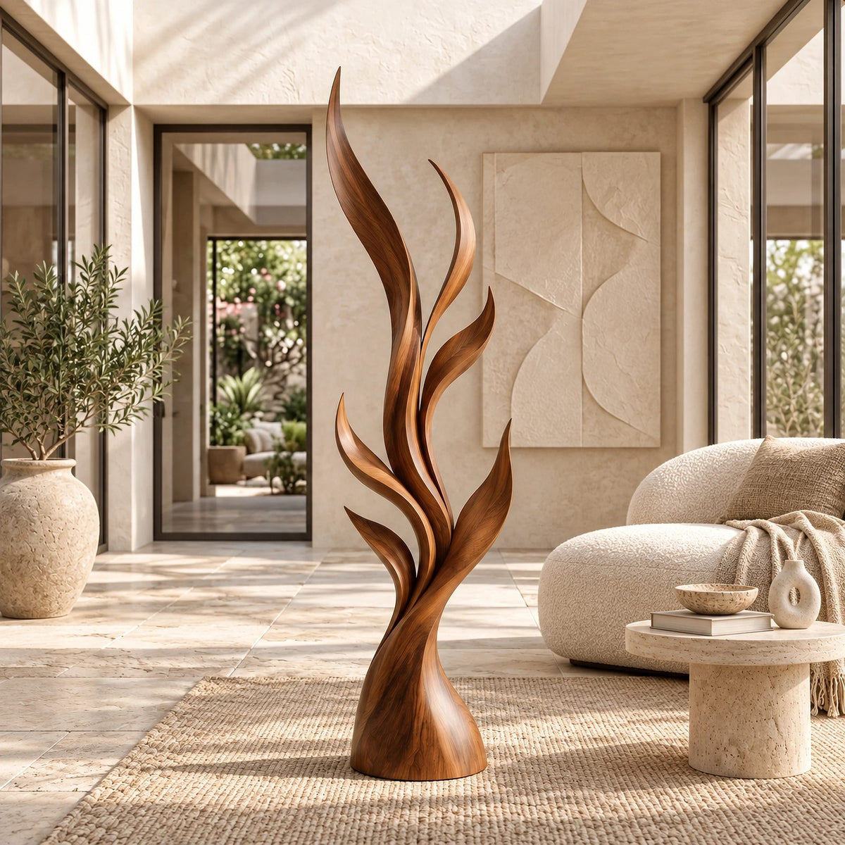 Contemporary Tall Wood Sculpture With Fanned Flame Blades For Entryway