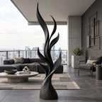 Contemporary Tall Wood Sculpture With Fanned Flame Blades For Entryway
