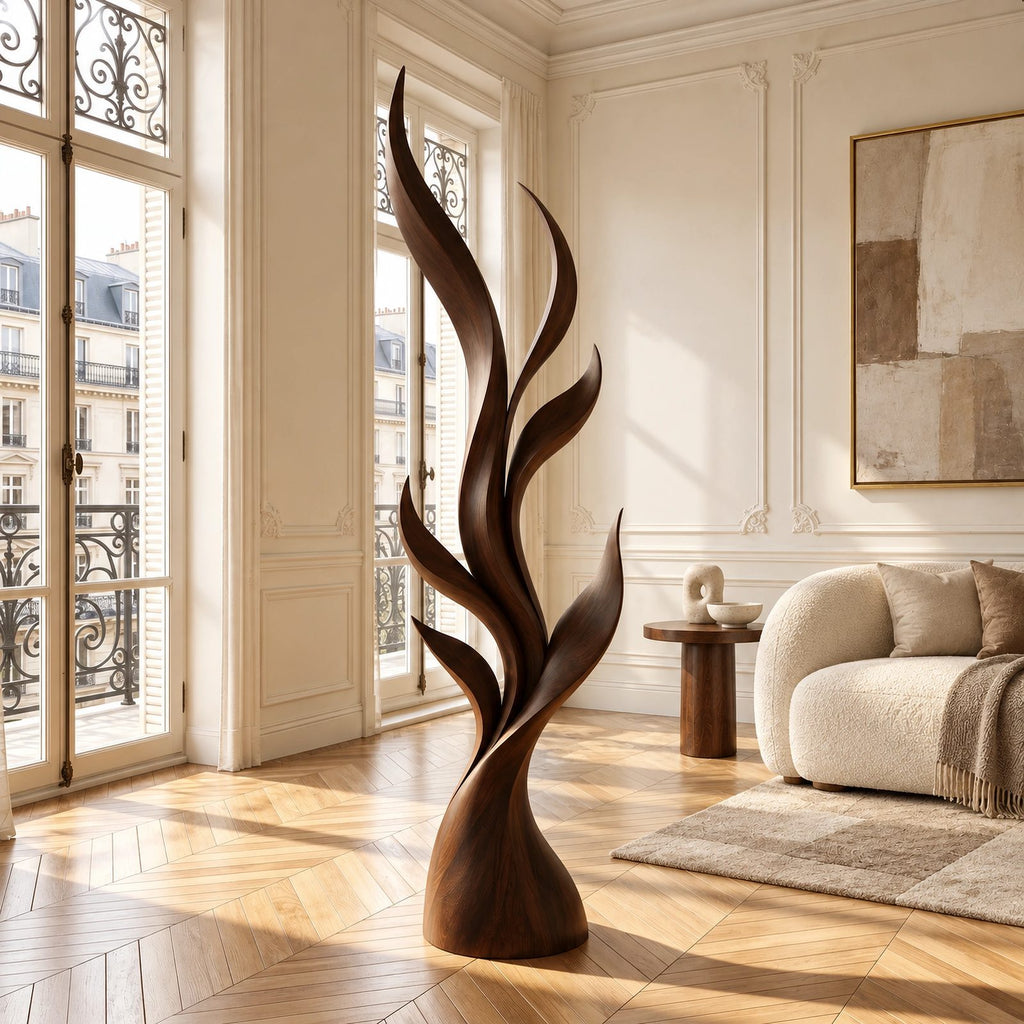 Contemporary Tall Wood Sculpture With Fanned Flame Blades For Entryway