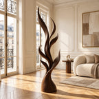 Contemporary Tall Wood Sculpture With Fanned Flame Blades For Entryway