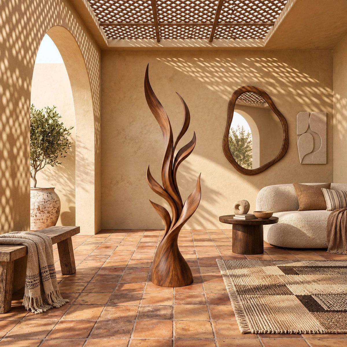 Contemporary Tall Wood Sculpture With Fanned Flame Blades For Entryway