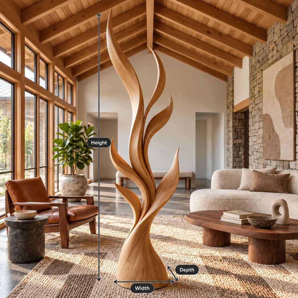 Contemporary Tall Wood Sculpture With Fanned Flame Blades For Entryway