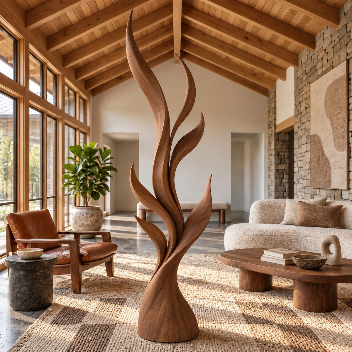 Contemporary Tall Wood Sculpture With Fanned Flame Blades For Entryway