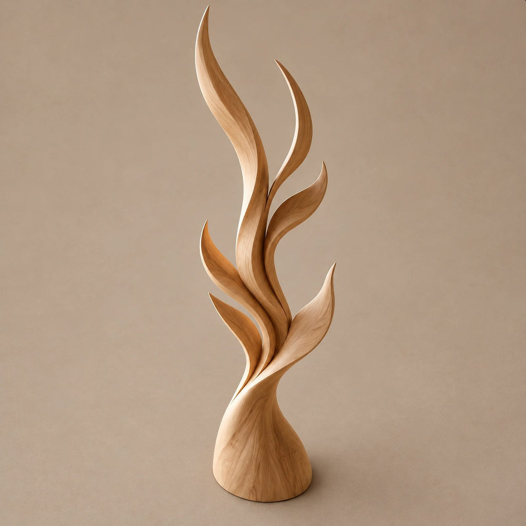 Contemporary Tall Wood Sculpture With Fanned Flame Blades For Entryway