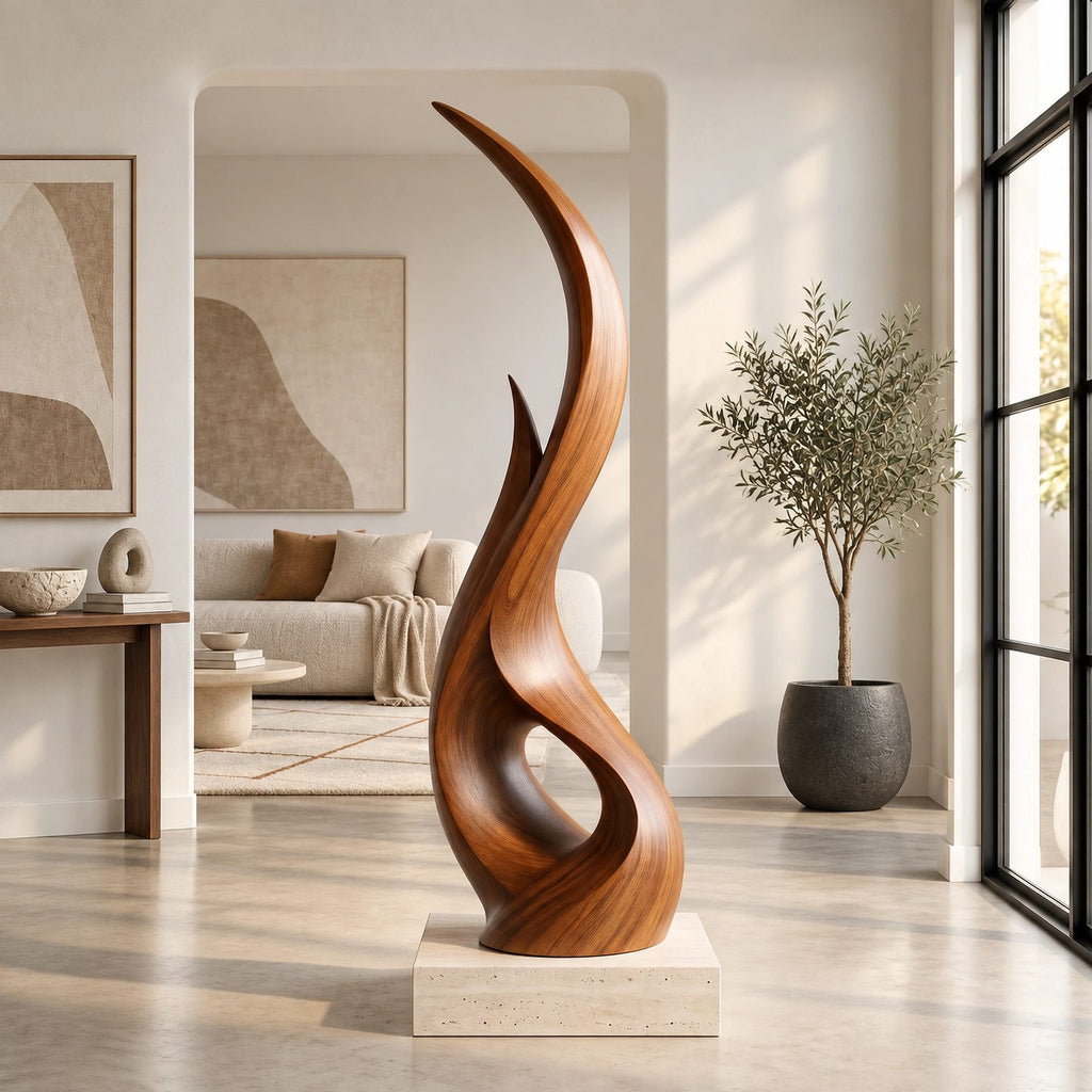 Modern Wood Sculpture With Flowing Flame Spiral For Living Room