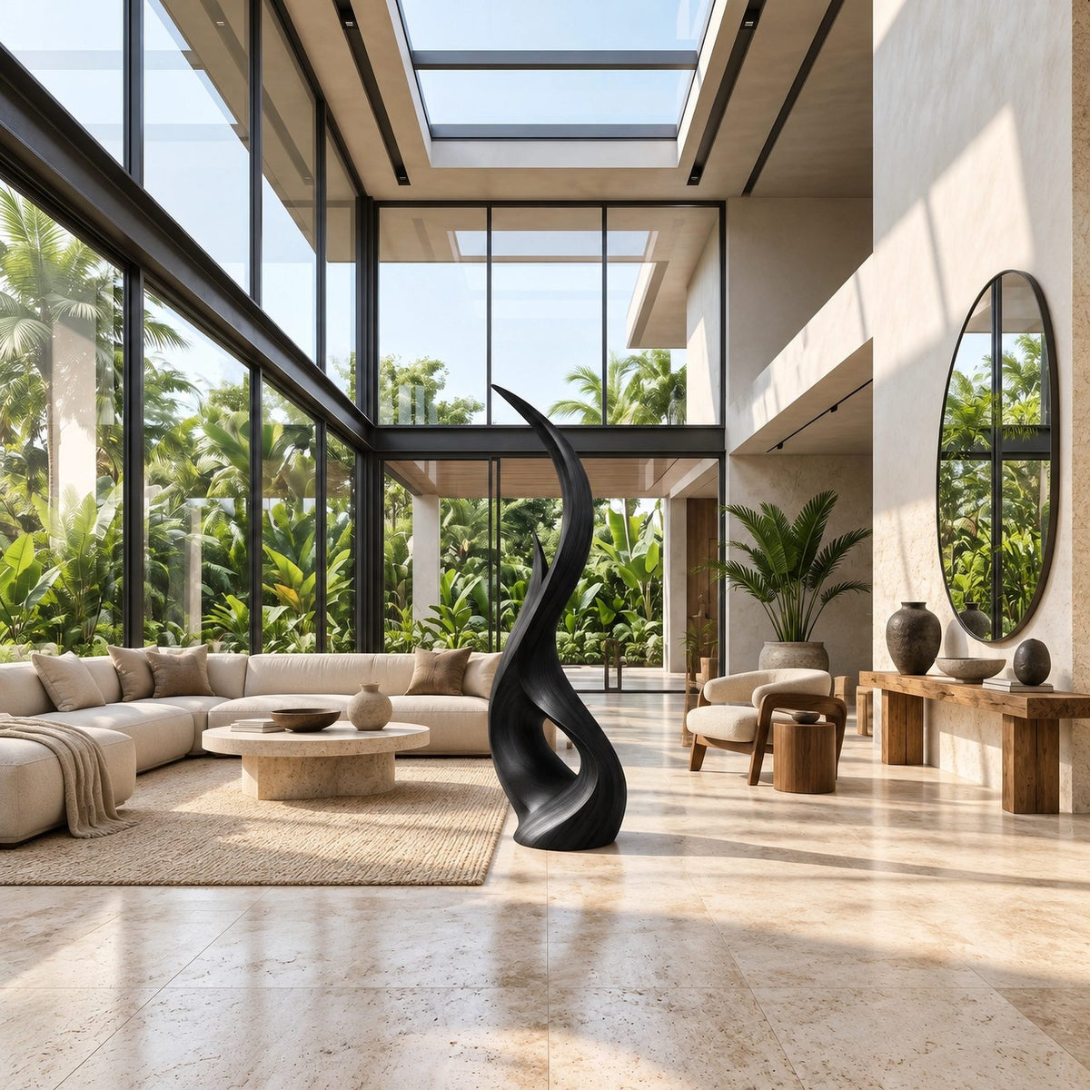 Modern Wood Sculpture With Flowing Flame Spiral For Living Room