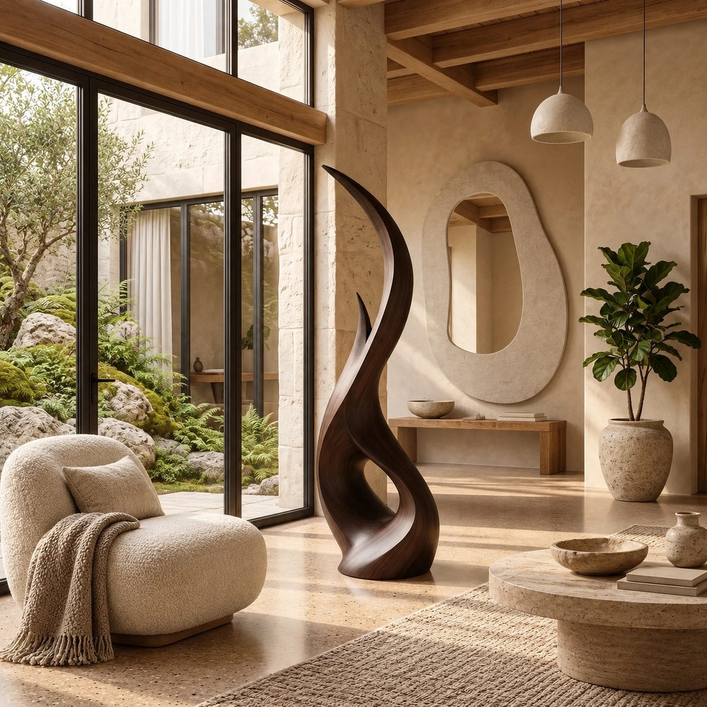 Modern Wood Sculpture With Flowing Flame Spiral For Living Room