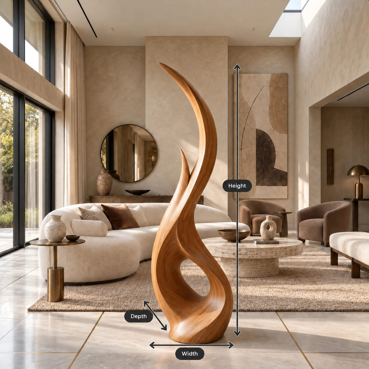 Modern Wood Sculpture With Flowing Flame Spiral For Living Room