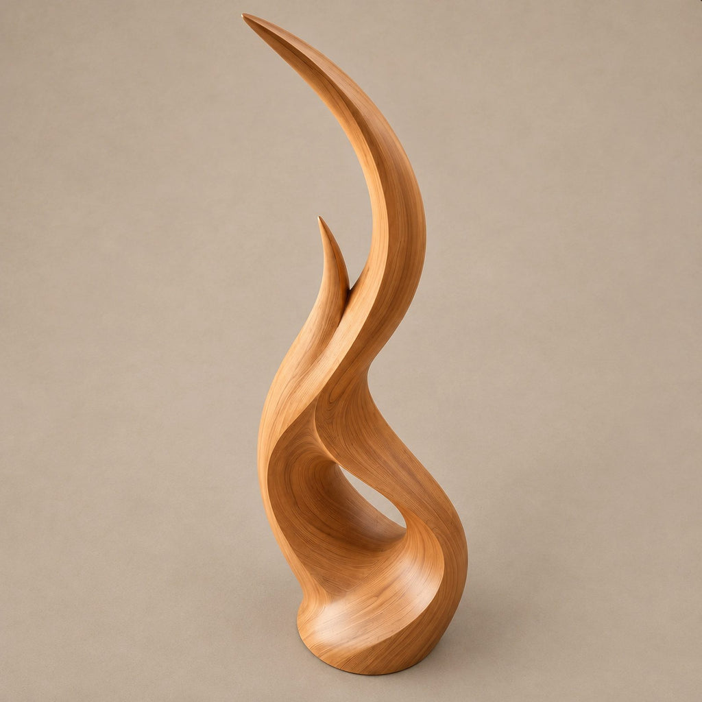Modern Wood Sculpture With Flowing Flame Spiral For Living Room