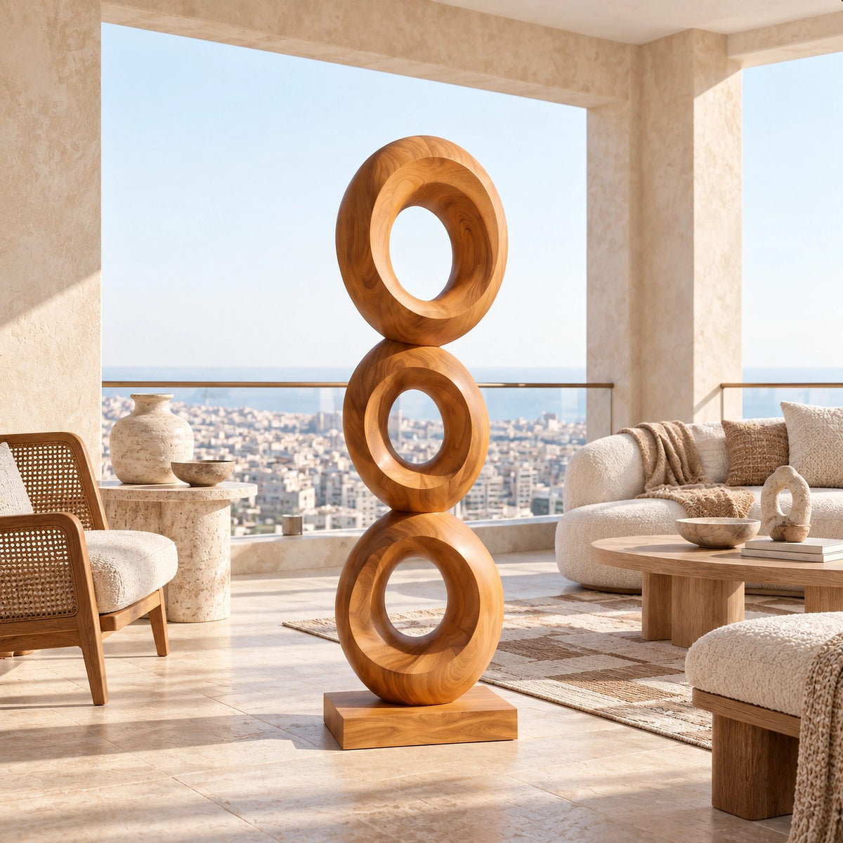 Artisan Wood Sculpture With Stacked Open Rings For Patio