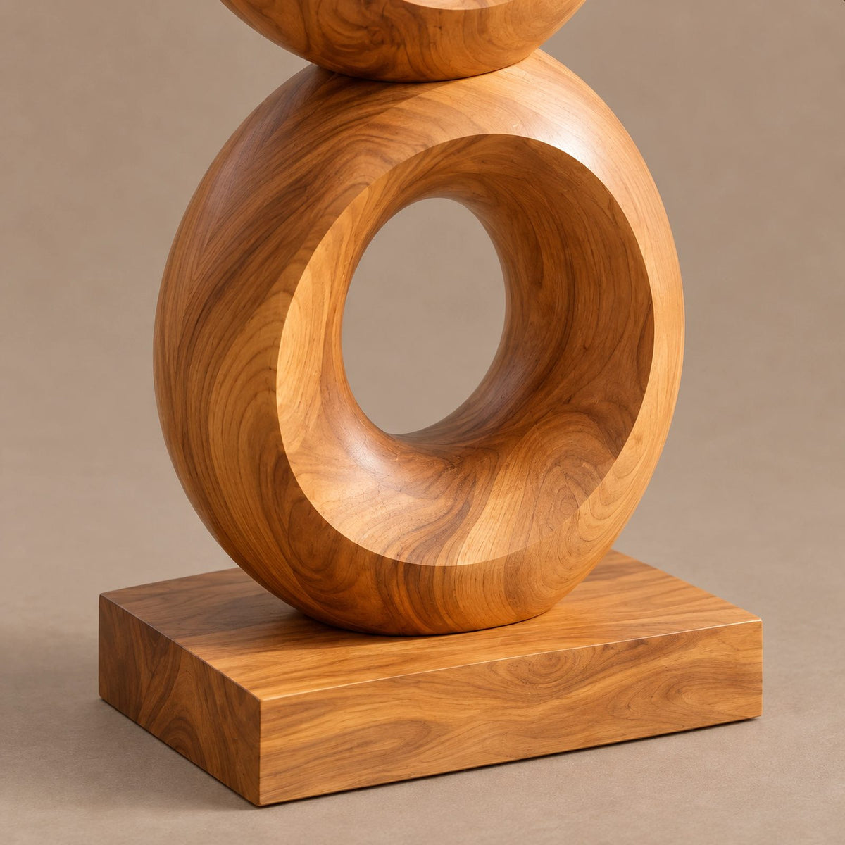 Artisan Wood Sculpture With Stacked Open Rings For Patio