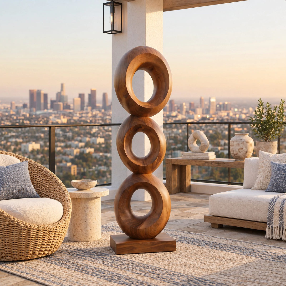 Artisan Wood Sculpture With Stacked Open Rings For Patio