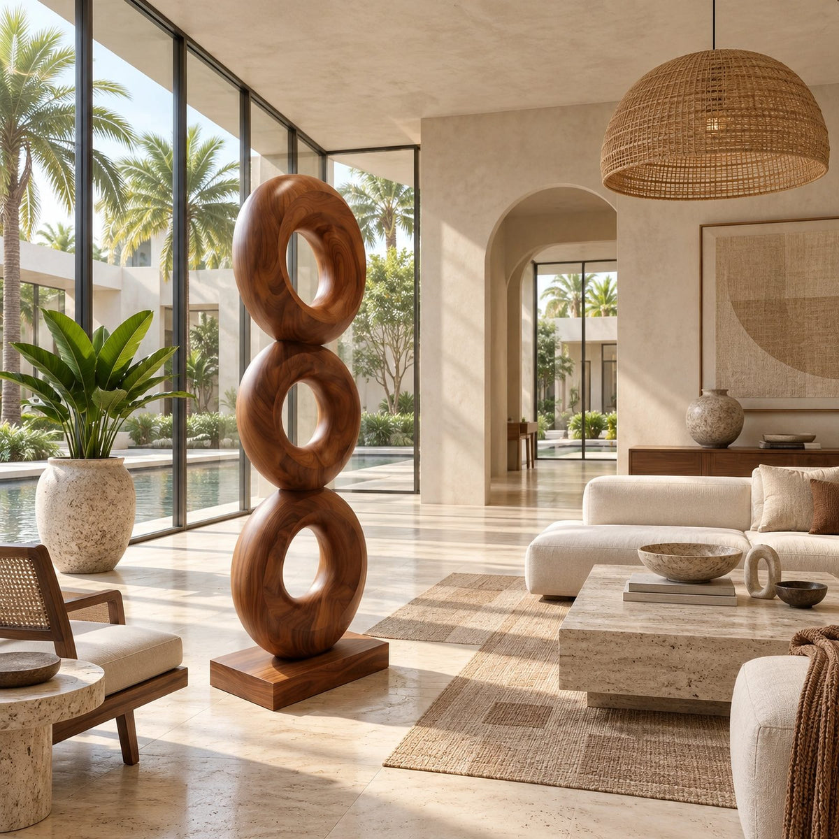 Artisan Wood Sculpture With Stacked Open Rings For Patio