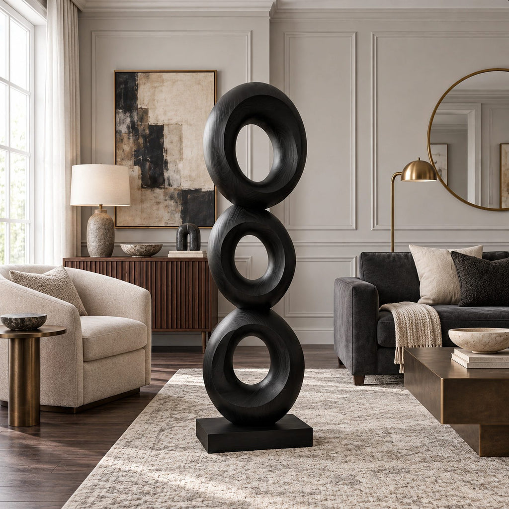 Artisan Wood Sculpture With Stacked Open Rings For Patio