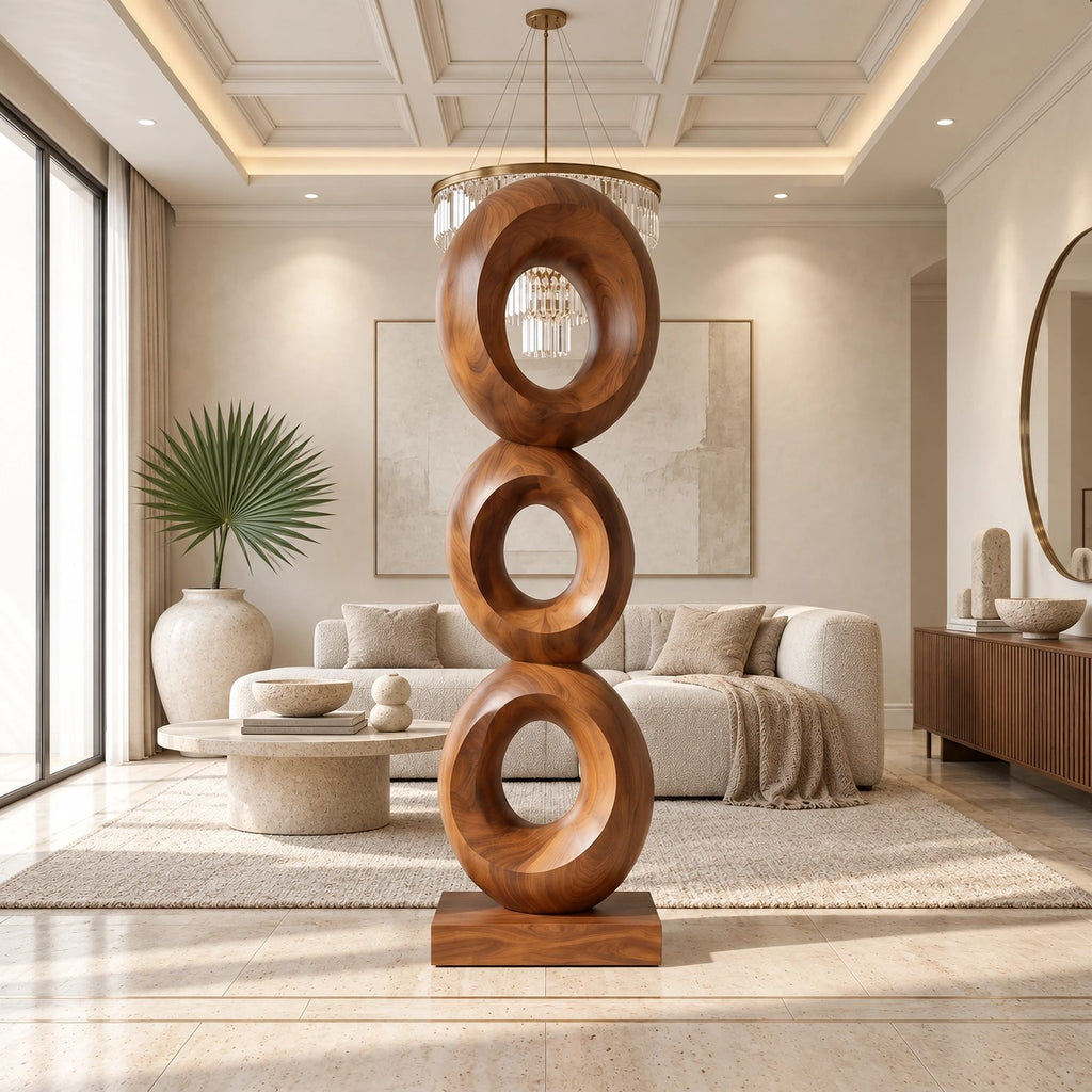 Artisan Wood Sculpture With Stacked Open Rings For Patio