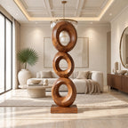 Artisan Wood Sculpture With Stacked Open Rings For Patio