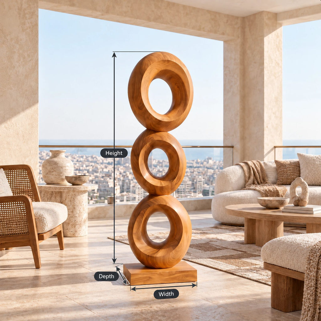Artisan Wood Sculpture With Stacked Open Rings For Patio