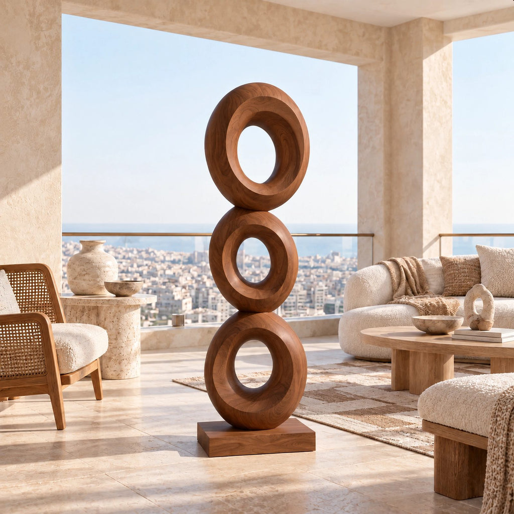 Artisan Wood Sculpture With Stacked Open Rings For Patio