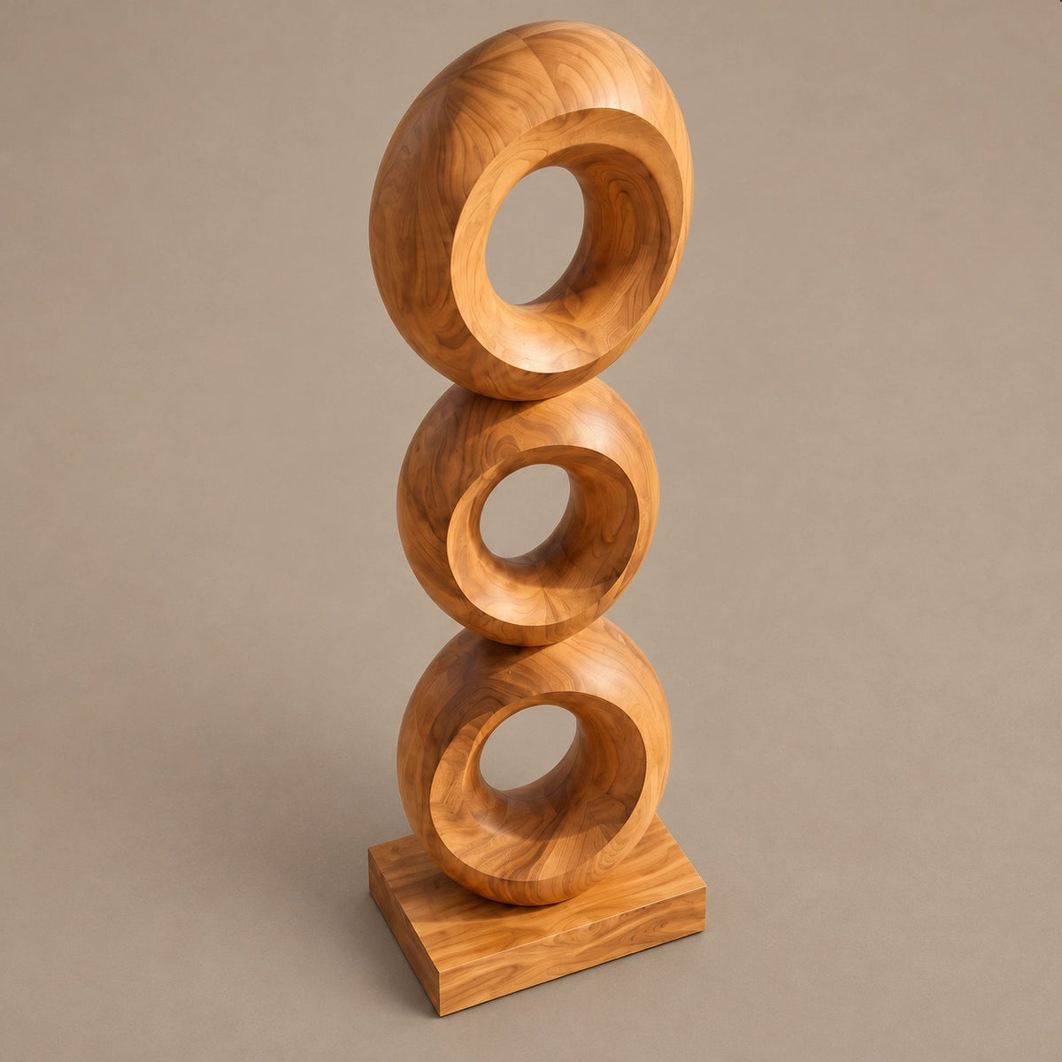 Artisan Wood Sculpture With Stacked Open Rings For Patio
