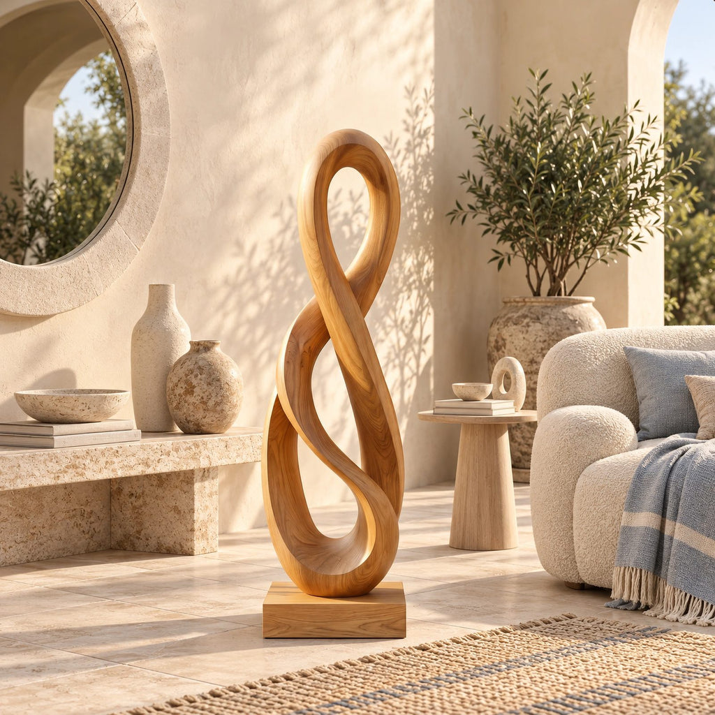 Modern Hand Carved Infinity Loop Wood Sculpture For Living Room