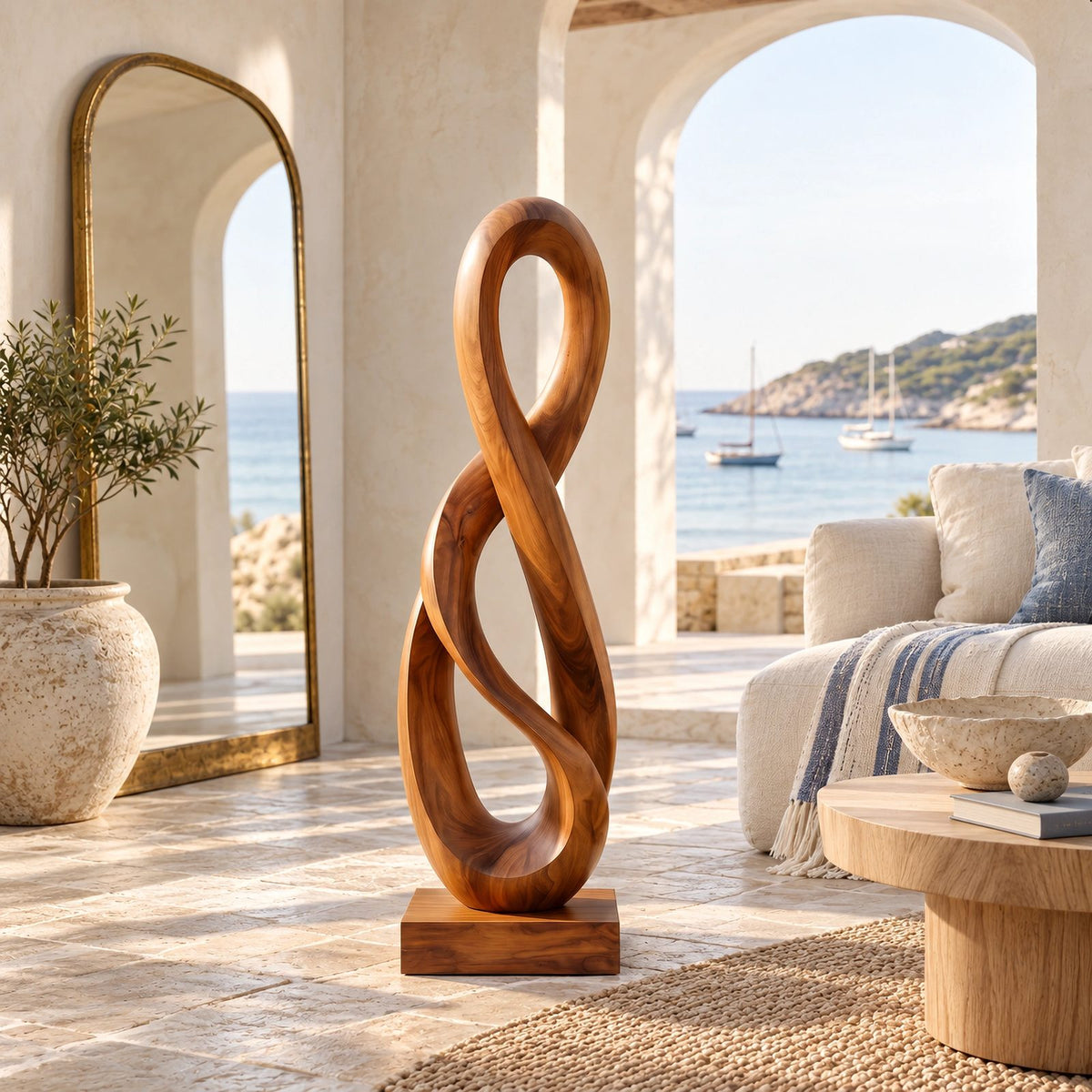 Modern Hand Carved Infinity Loop Wood Sculpture For Living Room