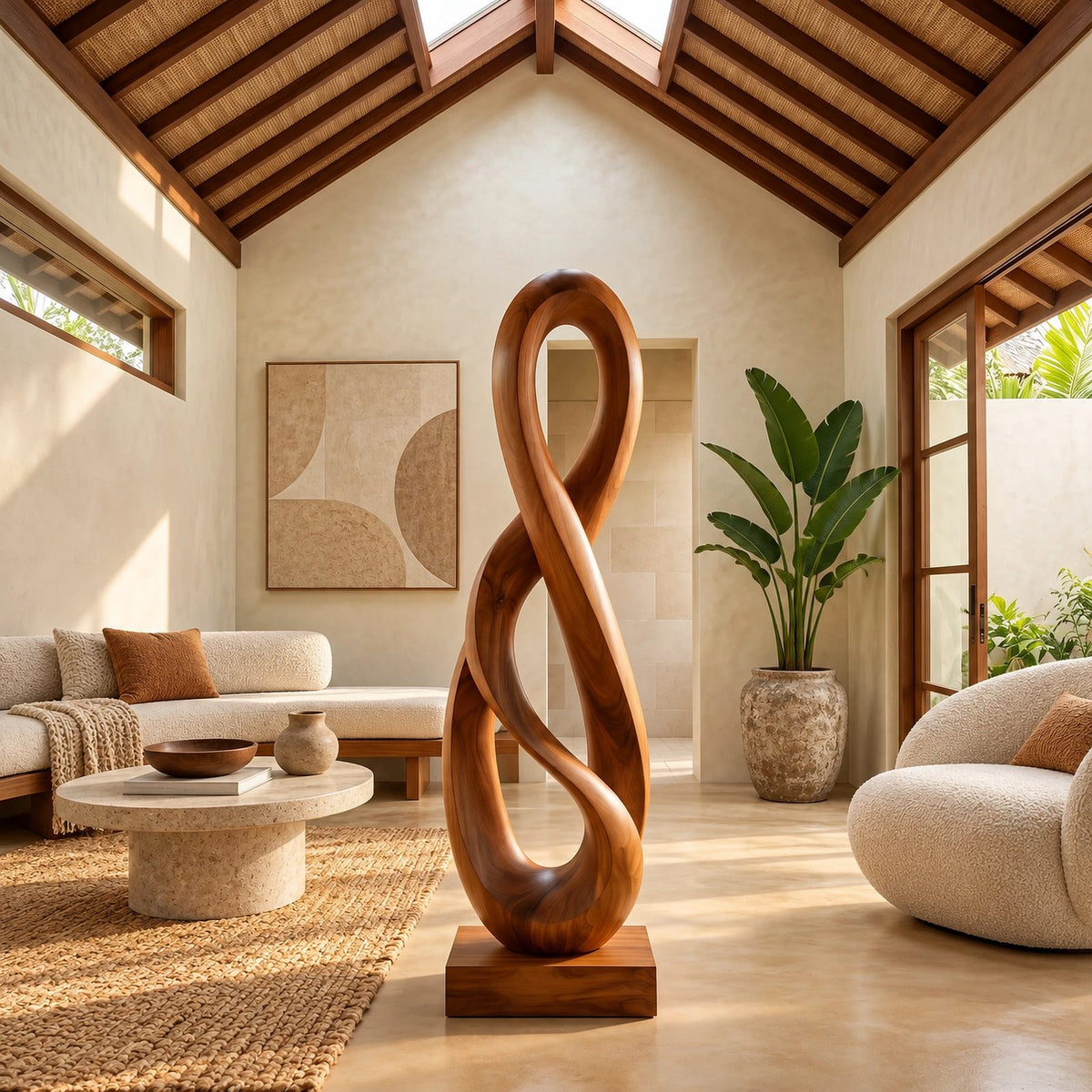 Modern Hand Carved Infinity Loop Wood Sculpture For Living Room